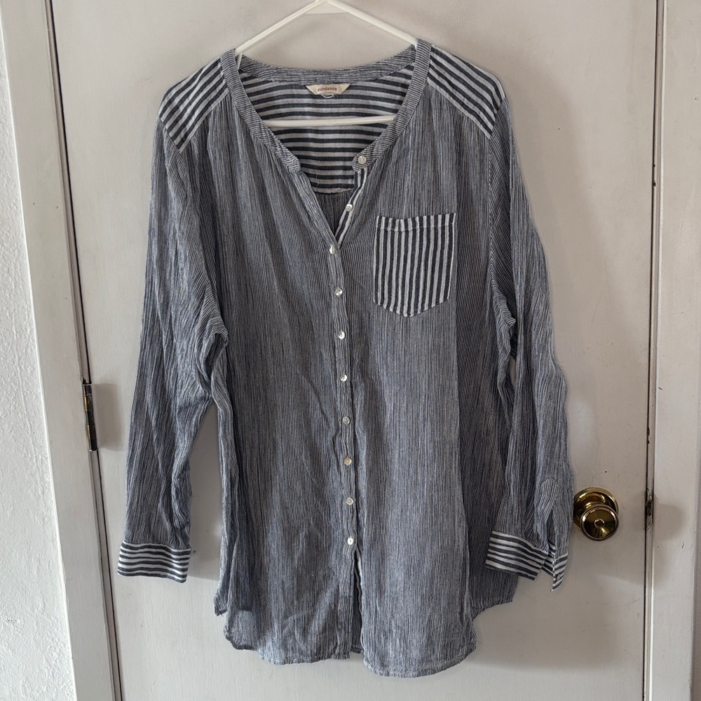 Sundance navy white striped long sleeve blouse Size XL